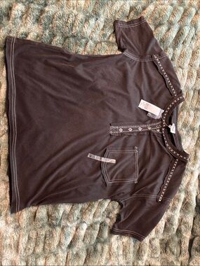 BKE Black Henley Top with White Contrast Stitching